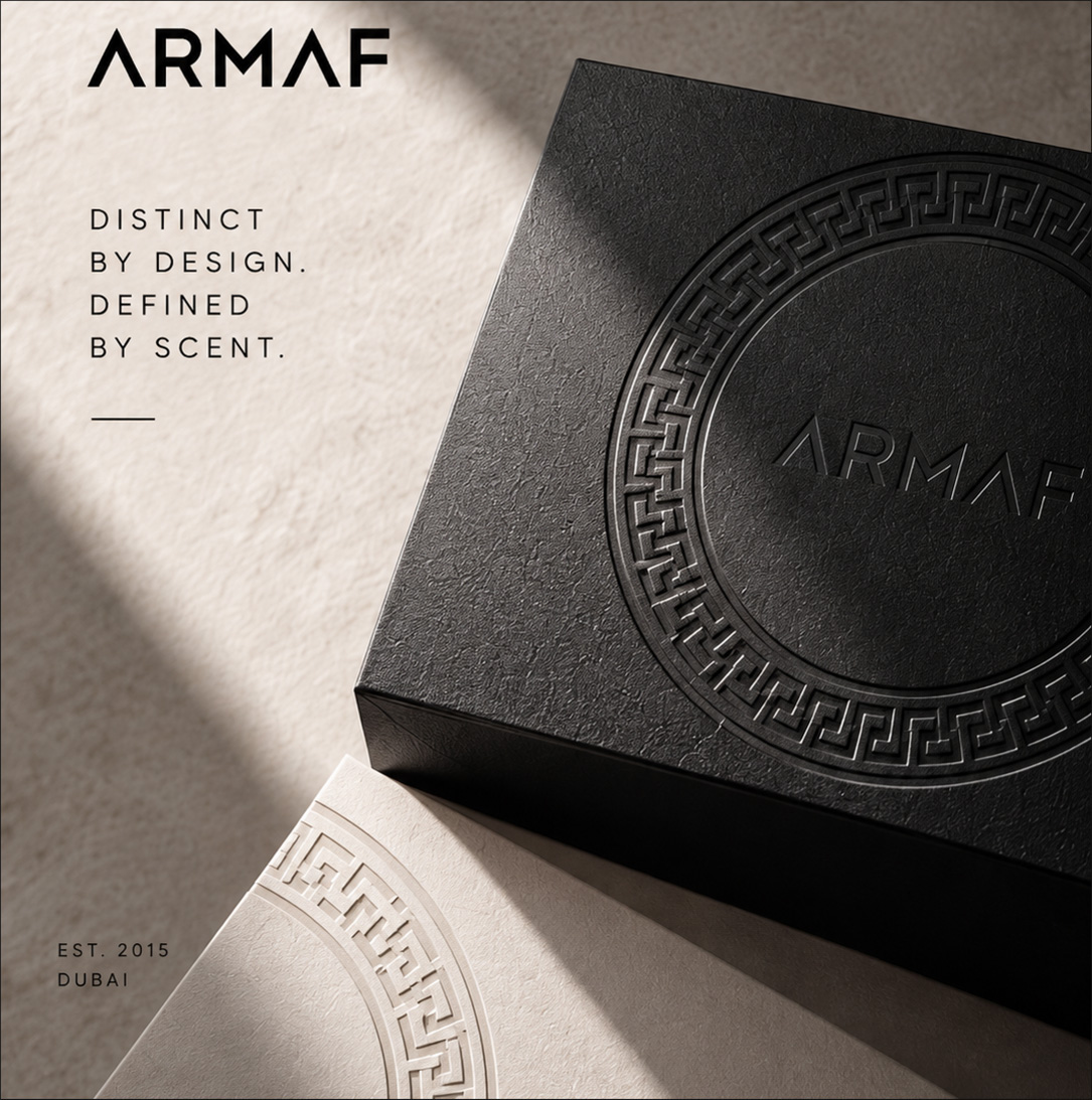 ARMAF embossed black and cream brand applications