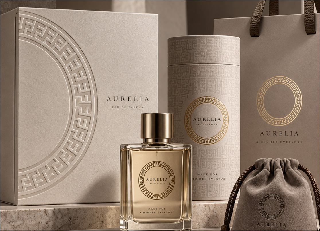 Aurelia fragrance and cream embossed packaging