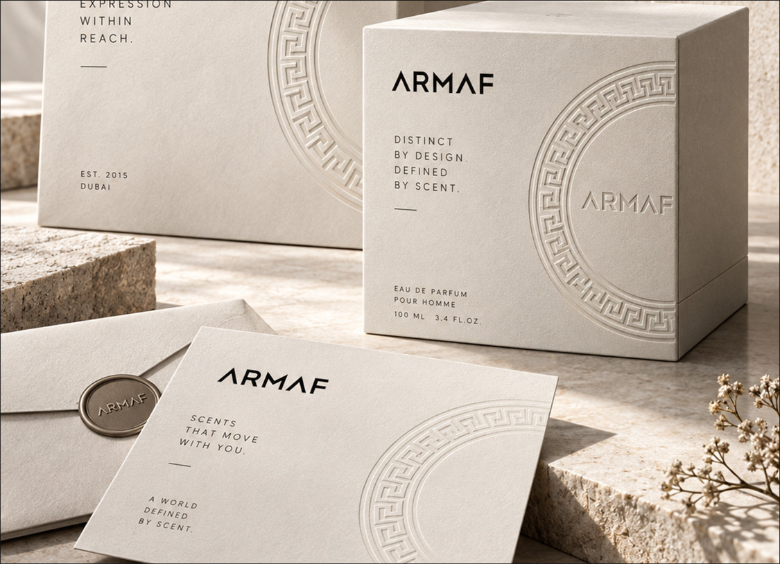 ARMAF Aurelia stationery and packaging