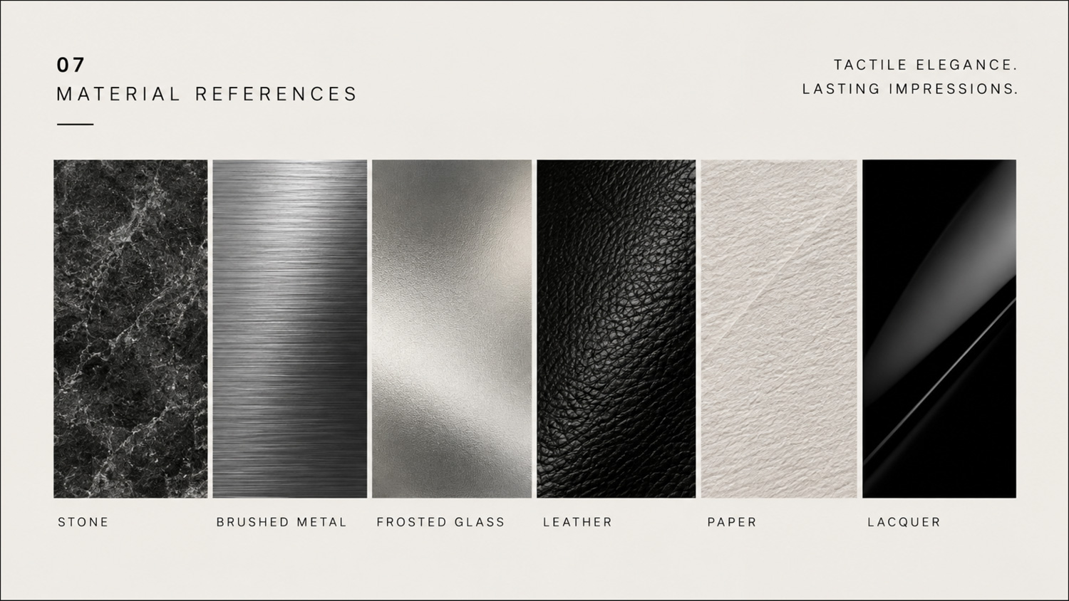 ARMAF material palette: stone, foil, leather and satin