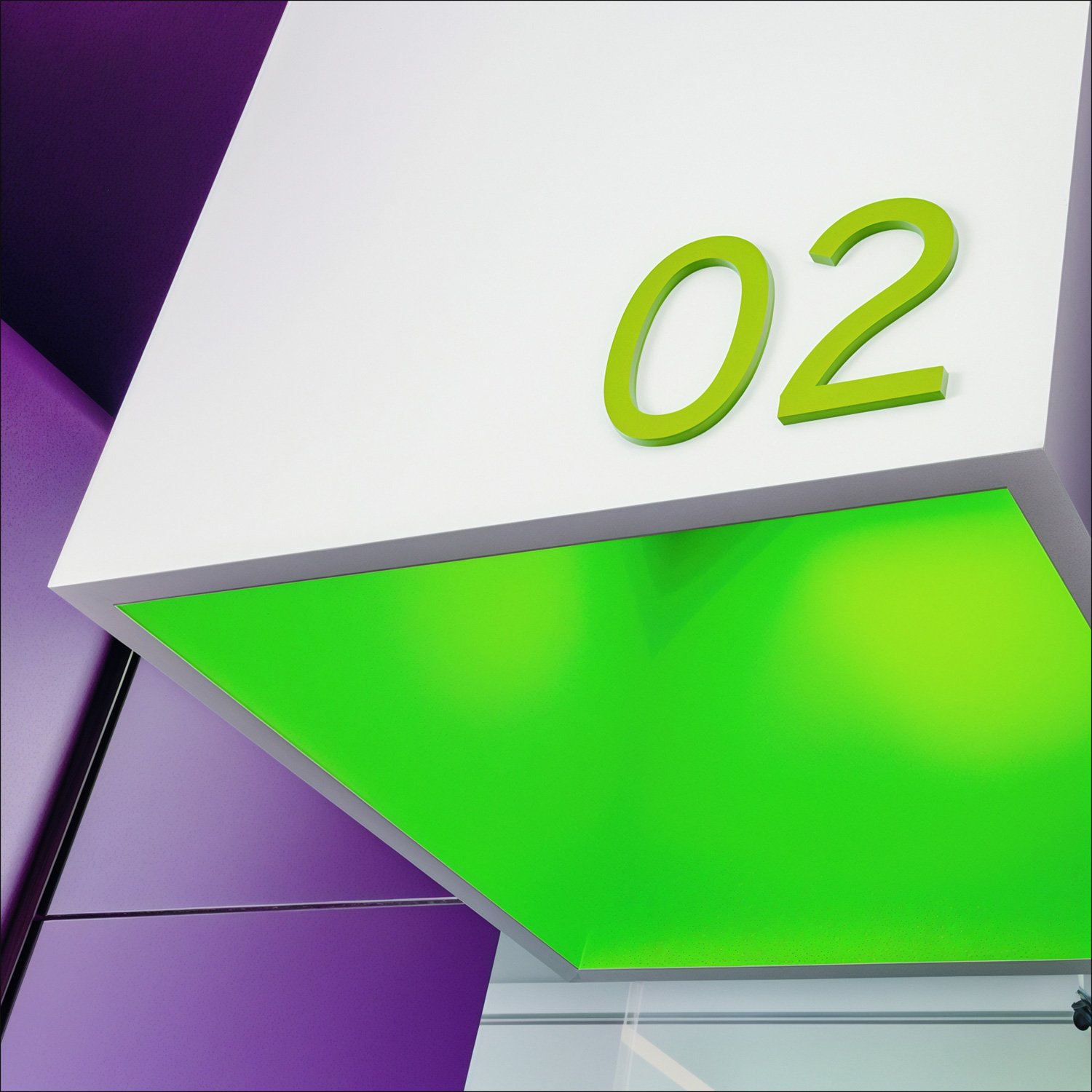 Green illuminated number 02 branch wayfinding detail