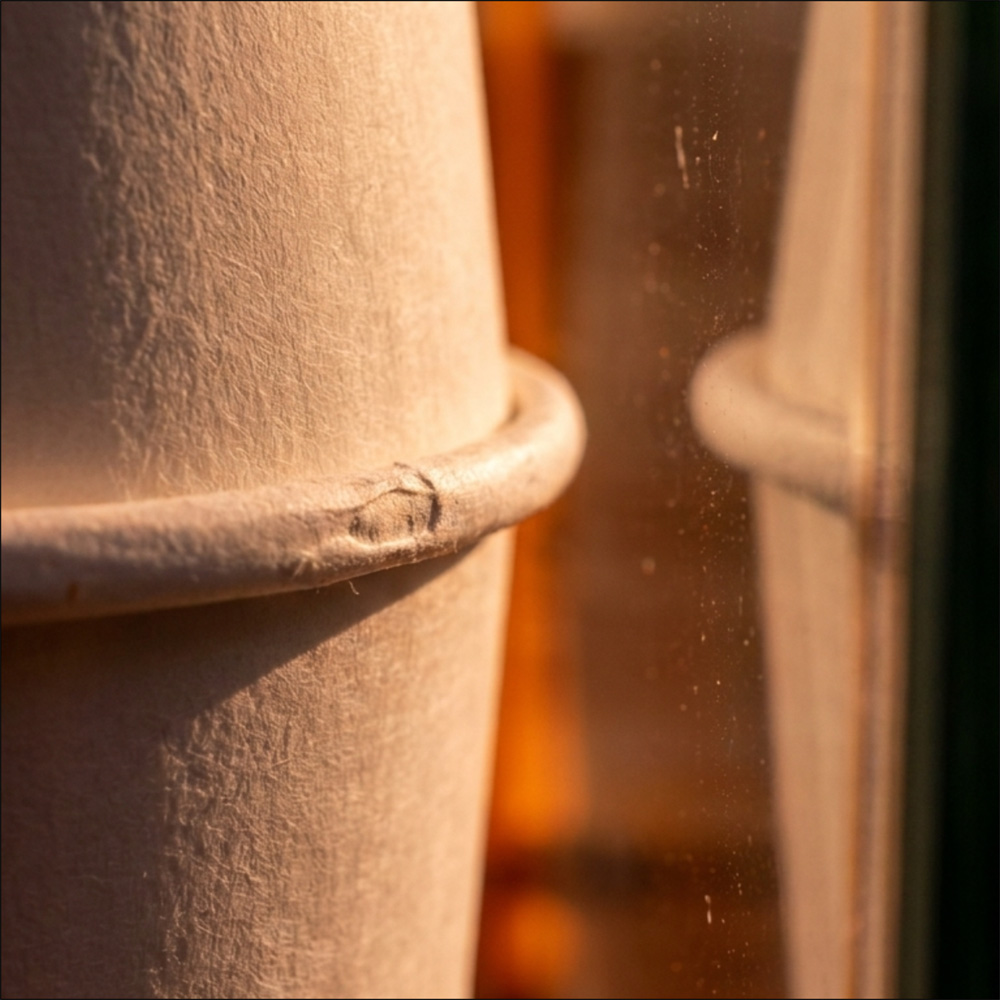 Cylindrical material detail behind orange glass