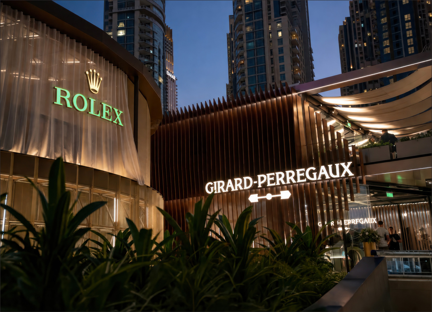 Dubai Watch Week 2025 — Rolex and Girard-Perregaux courtyard
