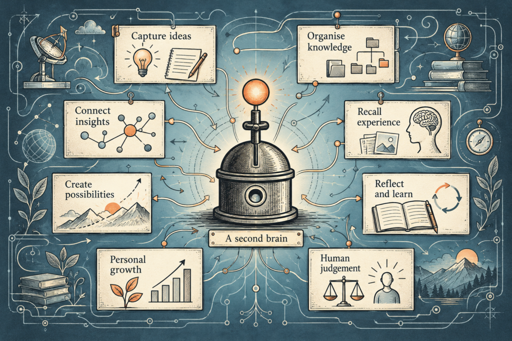 Illustrated second brain connecting ideas, knowledge, experience, reflection and human judgement.