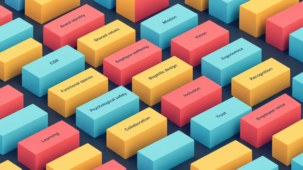 Identical colourful blocks labelled with sixteen facets of company culture, from shared values to employee wellbeing.